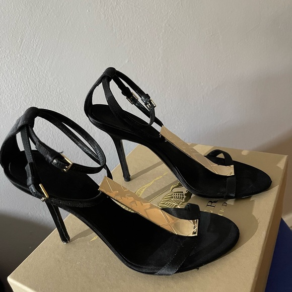 Black Satin with Gold signature hardware sandal heel - Picture 5 of 15